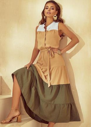 Триколірне плаття-максі з льону жатки