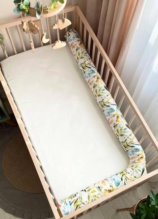 Захисний бортик валик для дитячого ліжечка, довжина 180 см, сатин, бохо гірчиця топ