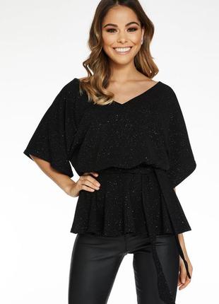 Чорна сяюча блуза з поясом quiz 🛍️1+1=3🛍️