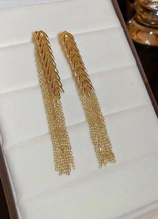 Розкішні сережки-трансформери золоті колодки, колос пшениці з ланцюжками, підвісками,