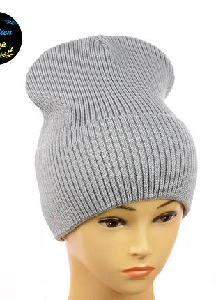 ● вязанная молодежная шапка на флисе - эмма - светло-серый ●