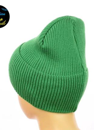 ● вязанная молодежная шапка на флисе - эмма - зеленый ●2 фото