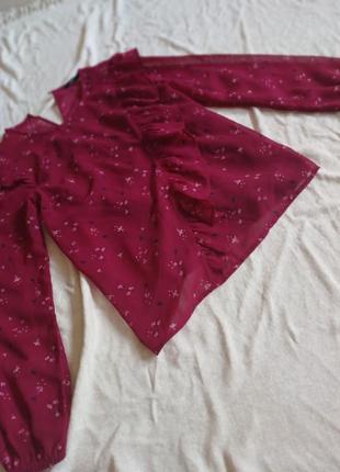 Блуза в цветочный принт с воланом рюшей марсала бордовая 11 12 лет2 фото