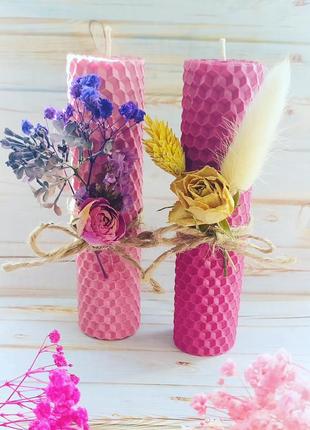 Набір свічок з вощини ручної роботи "рожевий"1 фото