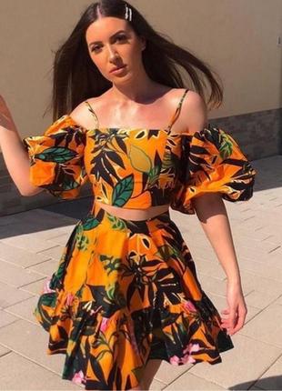 Новая пышная юбка баллон хлопковая h&m цветочная юбка солнце клеш воланы тропический принт5 фото