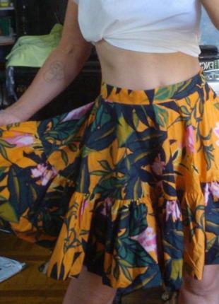Новая пышная юбка баллон хлопковая h&m цветочная юбка солнце клеш воланы тропический принт6 фото