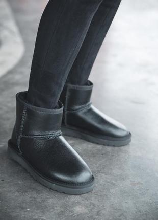 Ugg classic mini leather💎зимові💎шкіряні жіночі уггі, чорні угі/чоботи