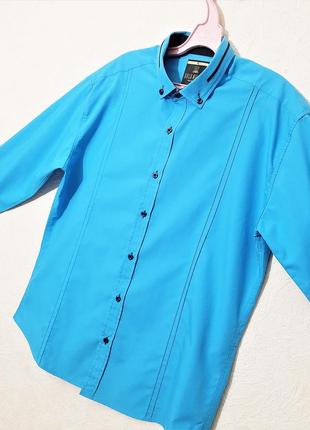 Gold milano турецкая красивая рубашка мужская голубая чёрная отделка внутри длинные рукава1 фото