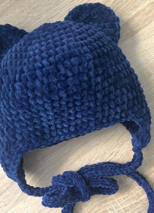 В'язана шапка з вушками ручна робота темно-синій велюр нова тепла handmade