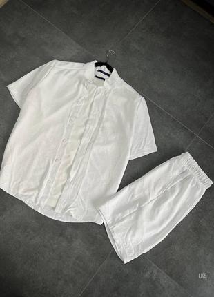 Костюм чоловічий сорочка + шорти льон жатка комплект білий3 фото