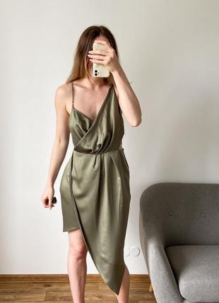 Сатинова сукня комбінація оливкового кольору2 фото
