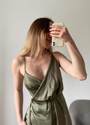 Сатинова сукня комбінація оливкового кольору7 фото