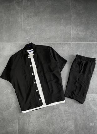 Костюм чоловічий сорочка + шорти льон жатка комплект чорний
