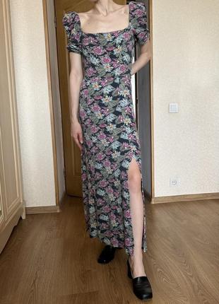 Платье длинное макси в цветочный принт квадратный вырез рукава фонарики с вырезом6 фото