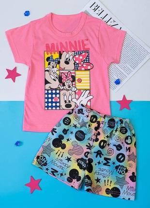 Легкий комплект из минные маус, летний набор футболка и шорты minnie mouse, хлопковый комплект набор футболка и шорты с минны