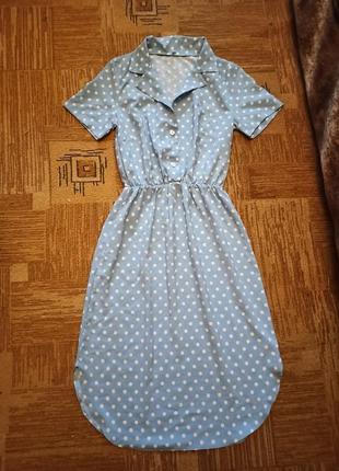 Трендовое брендовое голубое платье в горох