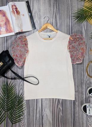 Нежно-розовая трикотажная футболка из вискозы с прозрачными рукавами #1269