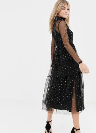 Сетчатое платье миди в горошек с кружевными вставками lace&amp;beads