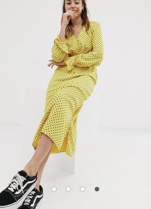Чайное платье-миди в желтый горошек с пуговицами и расклешенными рукавами asos design