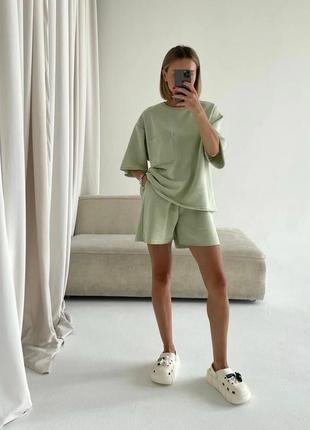Костюм (футболка oversize та шорти) білий, фісташка, блакитний