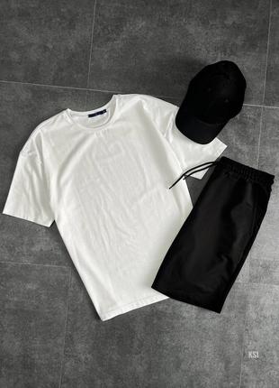 Летний комплект мужской футболка + шорты + кепка черно-белый оверсайз костюм2 фото