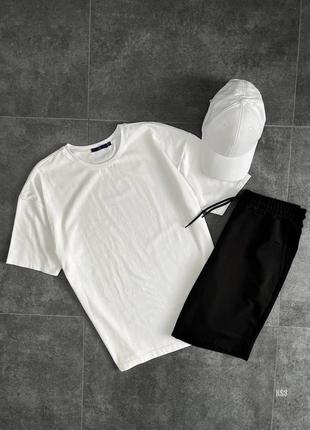 Летний комплект мужской футболка + шорты + кепка черно-белый оверсайз костюм3 фото
