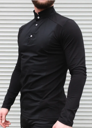 Мужская рубашка гибрид с длинным рукавом черная, воротник стойка2 фото