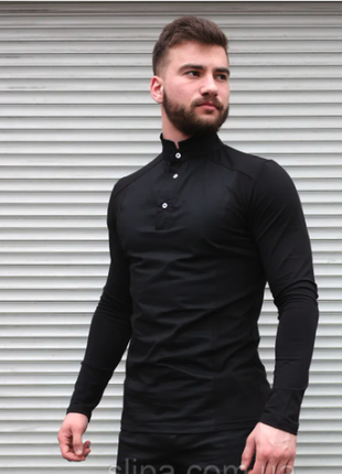 Мужская рубашка гибрид с длинным рукавом черная, воротник стойка4 фото