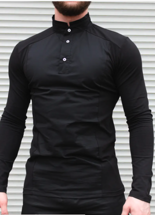 Мужская рубашка гибрид с длинным рукавом черная, воротник стойка