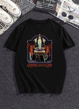 Футболка оверсайз черная и белая oversize с качественным принтом coffee gives me life / кофе дает мне жизнь