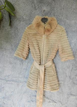 👍✅ жилетка эко кожа с натуральным мехом шиншилловый кролик с поясом опушка воротника песец