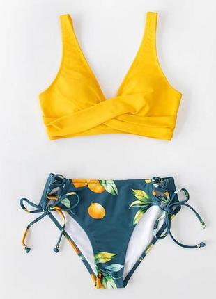 Женский раздельный трендовый купальник с топом стильный яркий жёлтый зелёный s м l xl  44 46 482 фото