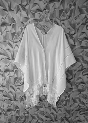 Натуральна тканина, біла накидка пончо літня, стильна білосніжна1 фото