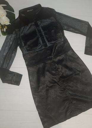 Черное атласное платье  с шифоном р.s4 фото