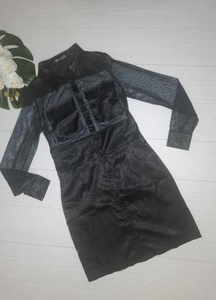 Черное атласное платье  с шифоном р.s1 фото