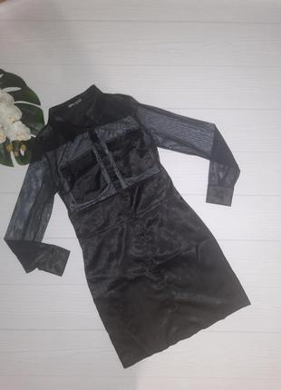 Черное атласное платье  с шифоном р.s3 фото