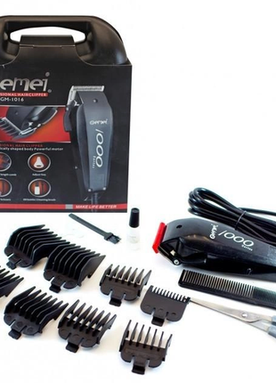 Машинка для стрижки провідна з насадками для волосся та бороди gemei gm-1016 pro black + ножиці та г