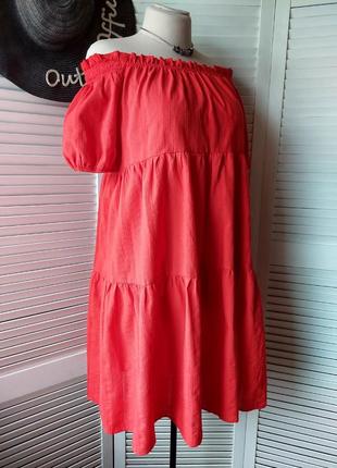 Платье структурное ярусное оверсайз открытые плечи алого красного цвет 100^ хлопок5 фото