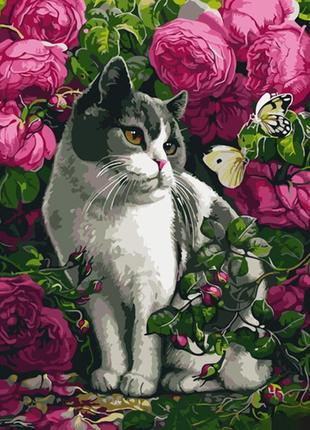 Картина по номерам strateg розы и кошка 40x50 см gs1038 gs1038 набор для росписи по цифрам