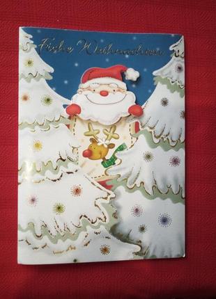 Листівка новорічна 2000р б у німеччина. музична- картинка сніговик з оленем в ялинках1 фото