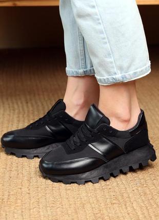 Стильные черные женские кроссовки на толстой подошве с протектором на лето,весную,осень - женская обувь