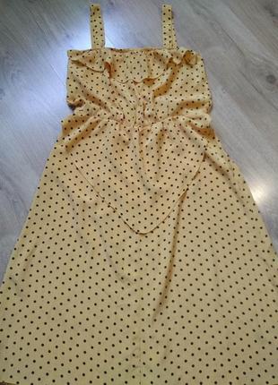 Легкий жовтий крепдешиновий міді сарафан з рюшею/літня сукня міді в горошок6 фото
