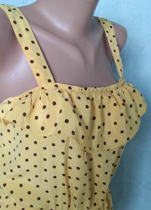 Легкий жовтий крепдешиновий міді сарафан з рюшею/літня сукня міді в горошок5 фото