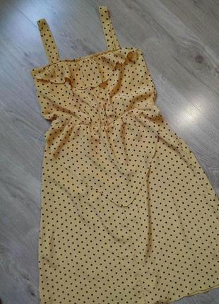 Легкий жовтий крепдешиновий міді сарафан з рюшею/літня сукня міді в горошок4 фото