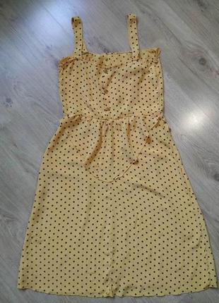 Легкий жовтий крепдешиновий міді сарафан з рюшею/літня сукня міді в горошок7 фото