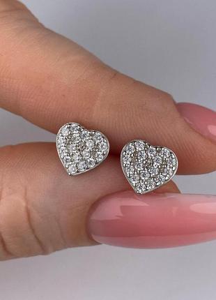 🇺🇦 пусеты серебро 925° роди, вставка куб.циркониии серьги гвоздики сердечки в камушках 0562.10р