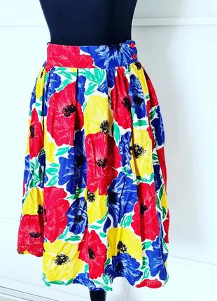 Крутая яркая, стильная, классная винтажная хлопковая юбка ретро винтаж натуральный хлопок цветочный принт цветы4 фото