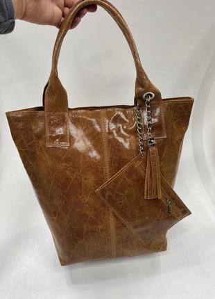 Итальянская женская лаковая сумка шоппер, сумочка из натуральной кожи с кошельком.