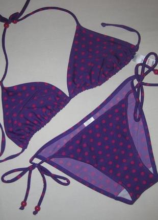 Раздельный фиолетовый купальник в горошек бикини треугольники км1680 f&f на завязках супер тянется
