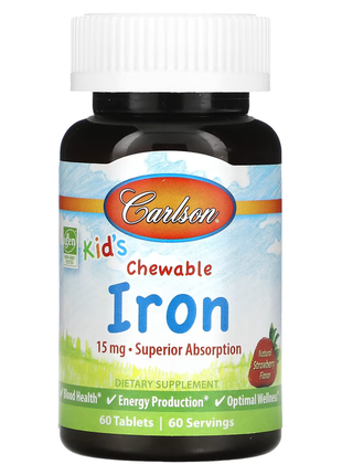Carlson labs, дитячі жувальні таблетки з залізом, натуральний полуничний ароматизатор, 15 мг, 60 таб